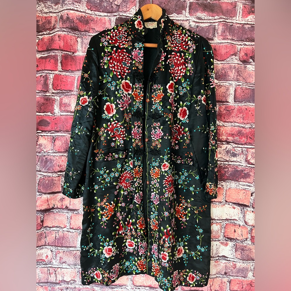 Vintage Plum Blossoms Black Silk Hand Embroidered Chinese Jacket Floral Artwear